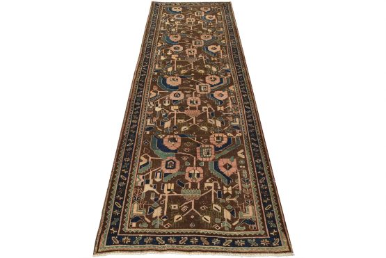 Malayer Runner 3'8'' x 10'1'' Brown Wool Semi-Antique Tribal Hand-Knotted Rug