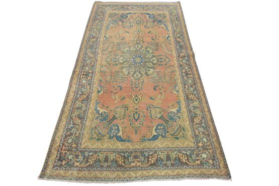 Tabriz Rug 4'9'' x 8'5'' Pink Wool Vintage Distressed Hand-Knotted Carpet