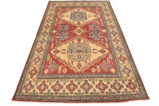 Kazak Rug 6'2'' x 8'11'' Red Wool Tribal Hand-Knotted Oriental Carpet