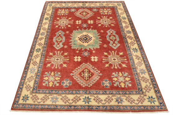 Kazak Rug 6'1'' x 7'5'' Red Wool Tribal Hand-Knotted Oriental Carpet