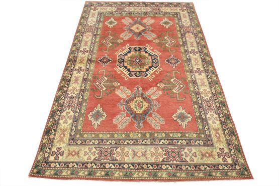 Kazak Rug 5'8'' x 8'3'' Red Wool Tribal Hand-Knotted Oriental Carpet