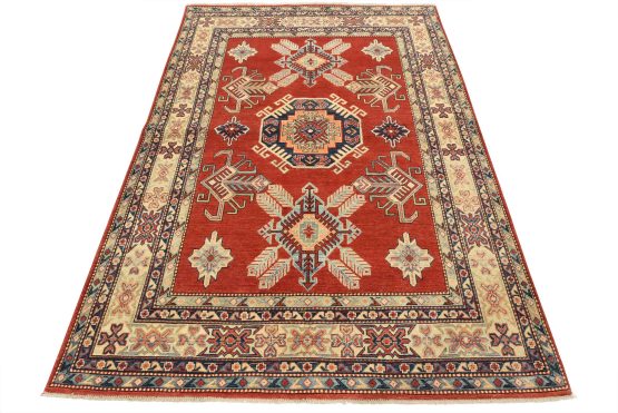 Kazak Rug 5'11'' x 8'1'' Red Wool Tribal Hand-Knotted Oriental Carpet