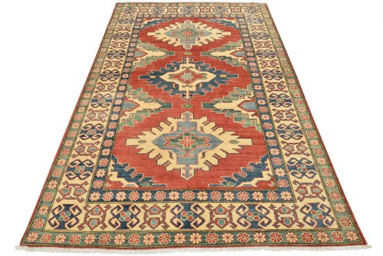 Kazak Rug 6'2'' x 8'11'' Red Wool Tribal Hand-Knotted Oriental Carpet