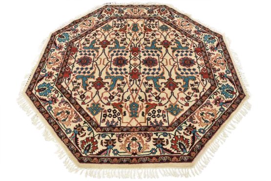 Agra Rug 7' x 7' Ivory Wool Traditional Hand-Knotted Oriental Carpet