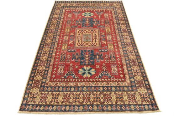 Kazak Rug 7' x 10'4'' Red Wool Tribal Hand-Knotted Oriental Carpet