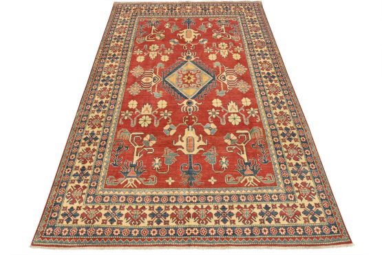 Kazak Rug 7'5'' x 10'7'' Red Wool Tribal Hand-Knotted Oriental Carpet
