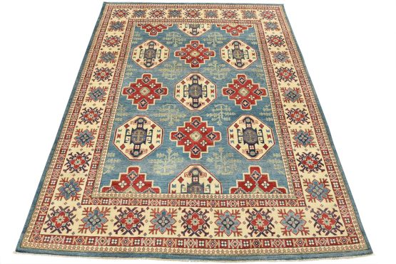 Kazak Rug 7'9'' x 9'7'' Blue Wool Tribal Hand-Knotted Oriental Carpet