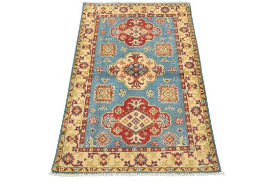 Kazak Rug 3'4'' x 5' Blue Wool Tribal Hand-Knotted Oriental Carpet