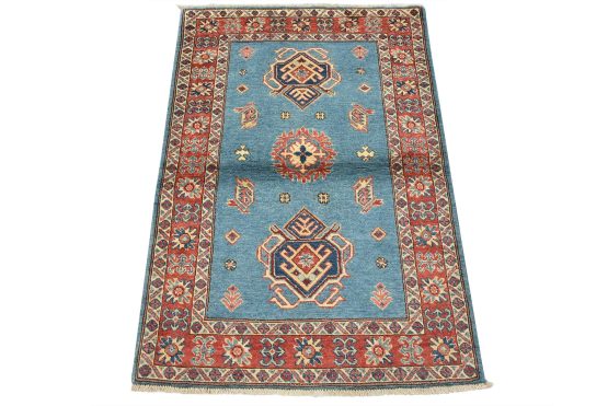Kazak Rug 3'2'' x 4'8'' Blue Wool Tribal Hand-Knotted Oriental Carpet