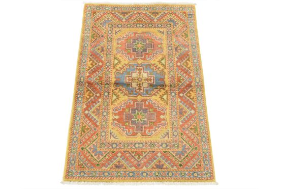 Kazak Rug 2'8'' x 4' Gold Wool Tribal Hand-Knotted Oriental Carpet