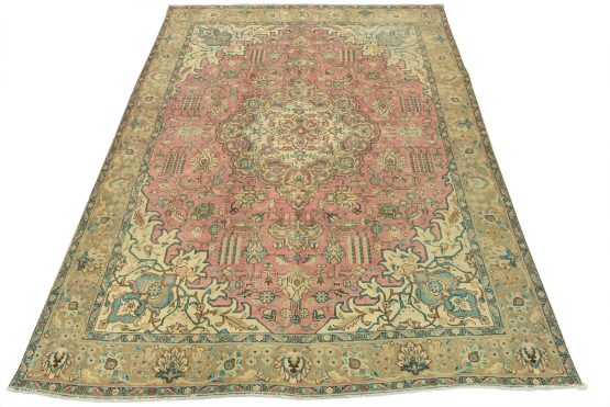 Tabriz Rug 10' x 12'7'' Pink Wool Vintage Distressed Hand-Knotted Carpet
