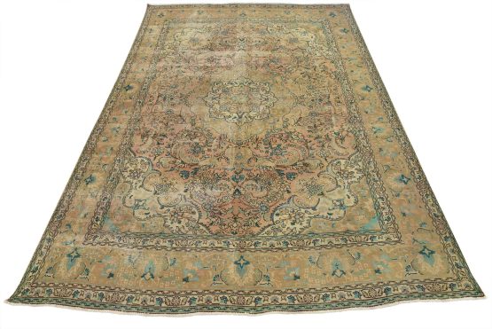 Tabriz Rug 9'7'' x 12'4'' Pink Wool Vintage Distressed Hand-Knotted Carpet