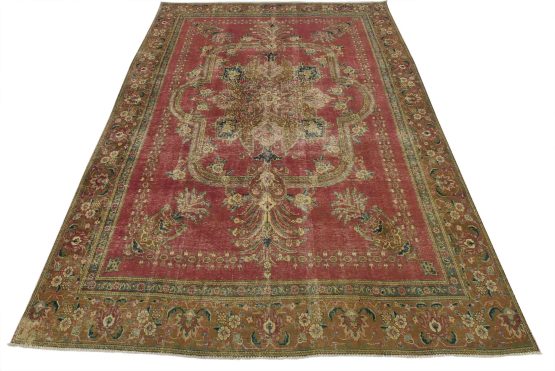 Tabriz Rug 9'1'' x 12'4'' Red Wool Vintage Distressed Hand-Knotted Carpet