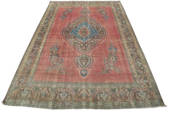 Tabriz Rug 9'5'' x 12'5'' Pink Wool Vintage Distressed Hand-Knotted Carpet