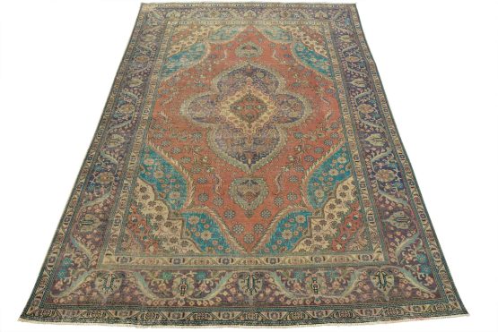 Tabriz Rug 9'8'' x 12'10'' Pink Wool Vintage Distressed Hand-Knotted Carpet