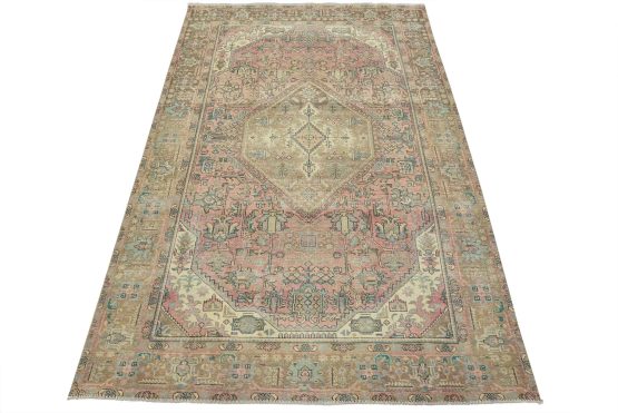 Tabriz Rug 6'5'' x 9'6'' Pink Wool Vintage Distressed Hand-Knotted Carpet
