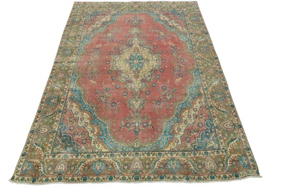 Tabriz Rug 9'8'' x 12'6'' Pink Wool Vintage Distressed Hand-Knotted Carpet