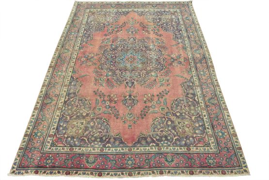 Tabriz Rug 9'7'' x 12'7'' Pink Wool Vintage Distressed Hand-Knotted Carpet