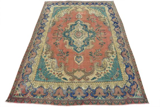 Tabriz Rug 9'8'' x 12'9'' Pink Wool Vintage Distressed Hand-Knotted Carpet