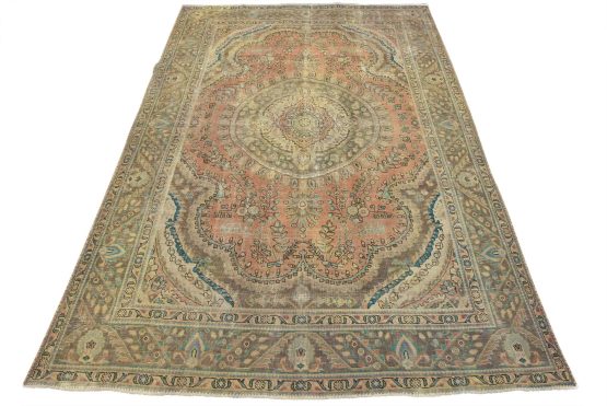 Tabriz Rug 8'1'' x 11' Pink Wool Vintage Distressed Hand-Knotted Carpet