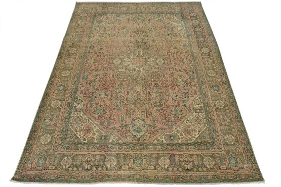 Tabriz Rug 9'8'' x 12'7'' Pink Wool Vintage Distressed Hand-Knotted Carpet