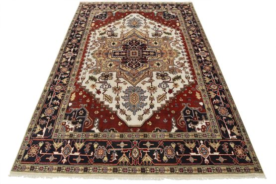 Heriz Rug 8'8'' x 12' Ivory Wool Tribal Hand-Knotted Oriental Carpet