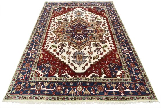 Heriz Rug 9'1'' x 12' Ivory Wool Tribal Hand-Knotted Oriental Carpet