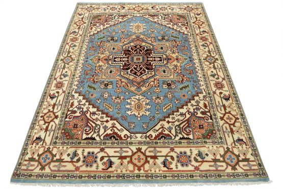 Heriz Rug 7'11'' x 10'4'' Blue Wool Tribal Hand-Knotted Oriental Carpet