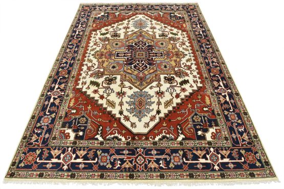 Heriz Rug 8'11'' x 12' Ivory Wool Tribal Hand-Knotted Oriental Carpet