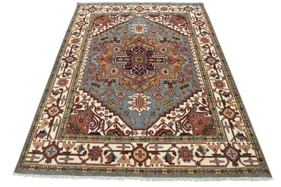 Heriz Rug 8'1'' x 9'11'' Blue Wool Tribal Hand-Knotted Oriental Carpet
