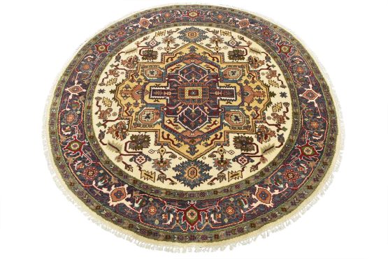 Heriz Rug 7'11'' x 7'11'' Ivory Wool Tribal Hand-Knotted Oriental Carpet
