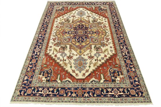 Heriz Rug 9'11'' x 13'10'' Ivory Wool Tribal Hand-Knotted Oriental Carpet