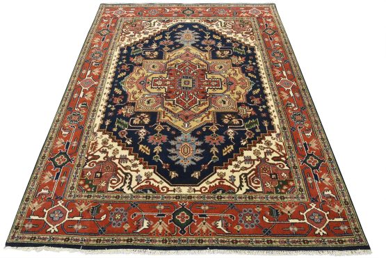 Heriz Rug 7'11'' x 9'11'' Blue Wool Tribal Hand-Knotted Oriental Carpet