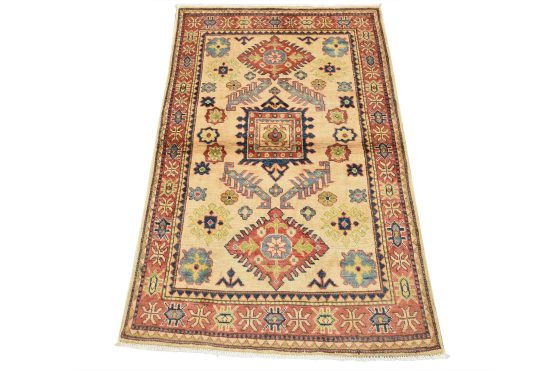 Kazak Rug 3'3'' x 4'11'' Beige Wool Tribal Hand-Knotted Oriental Carpet