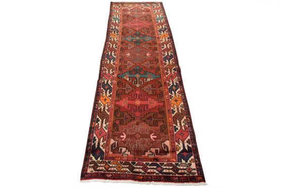 Hamedan Runner 3'5'' x 10'3'' Red Wool Vintage Tribal Hand-Knotted Oriental Rug