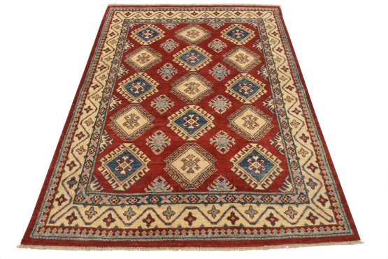 Kazak Rug 5'1'' x 6'7'' Red Wool Tribal Hand-Knotted Oriental Carpet