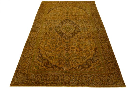 Kashan Rug 7'5'' x 10'9'' Gold Wool Overdyed Semi-Antique Hand-Knotted Carpet