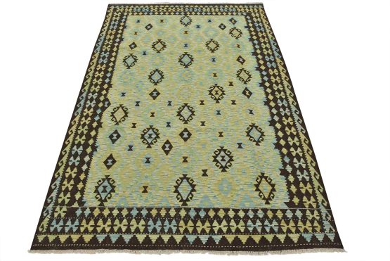 Kilim Rug 6'9'' x 9'8'' Blue Wool Tribal Geometric Handwoven Oriental Carpet