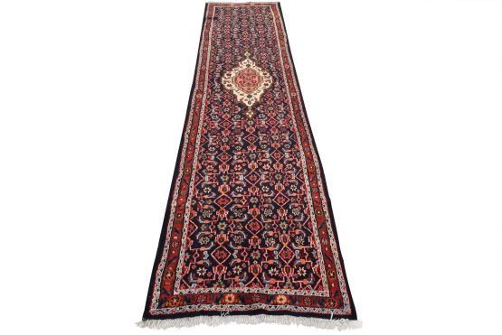 Hamedan Runner 3'7'' x 13'3'' Blue Wool Vintage Tribal Hand-Knotted Oriental Rug