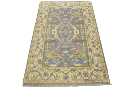 Oushak Rug 4' x 6' Blue Wool Tribal Hand-Knotted Oriental Carpet