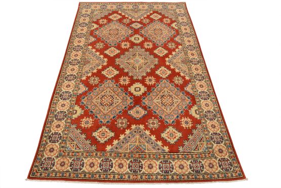 Kazak Rug 5'4'' x 7'11'' Red Wool Tribal Hand-Knotted Oriental Carpet