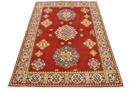 Kazak Rug 5'4'' x 6'9'' Red Wool Tribal Hand-Knotted Oriental Carpet