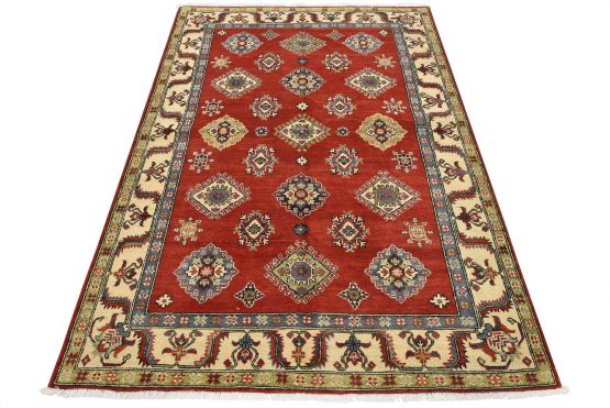 Kazak Rug 5'7'' x 7'9'' Red Wool Tribal Hand-Knotted Oriental Carpet