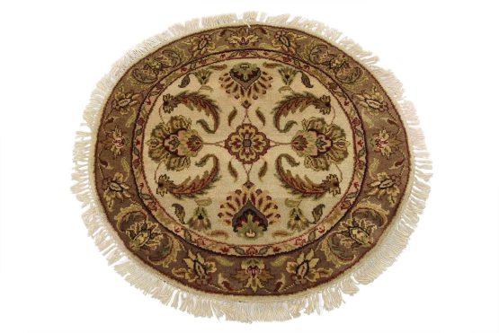 Agra Carpet 3' x 3' Ivory Wool Traditional Hand-Knotted Oriental Rug