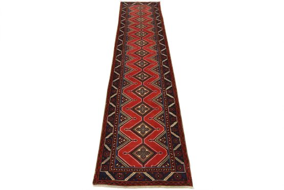 Hamedan Runner 3'3'' x 13'3'' Red Wool Vintage Tribal Hand-Knotted Oriental Rug