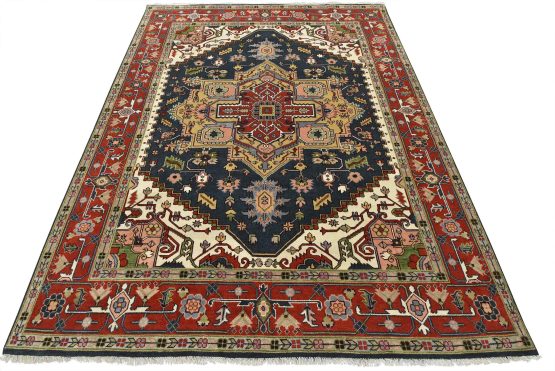 Heriz Rug 8'11'' x 11'9'' Blue Wool Tribal Hand-Knotted Oriental Carpet