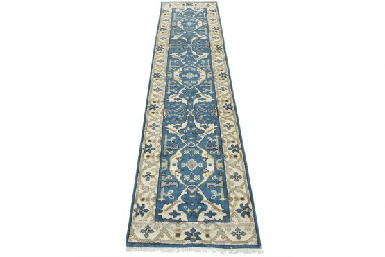 Oushak Runner 2'7'' x 10' Blue Wool Tribal Hand-Knotted Oriental Rug