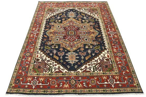 Heriz Rug 7'11'' x 9'11'' Blue Wool Tribal Hand-Knotted Oriental Carpet
