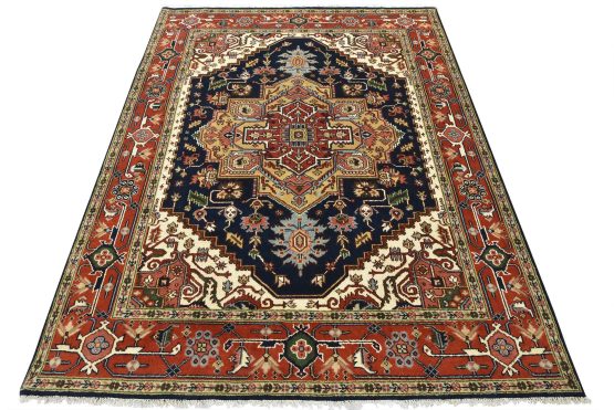 Heriz Rug 7'10'' x 9'11'' Blue Wool Tribal Hand-Knotted Oriental Carpet