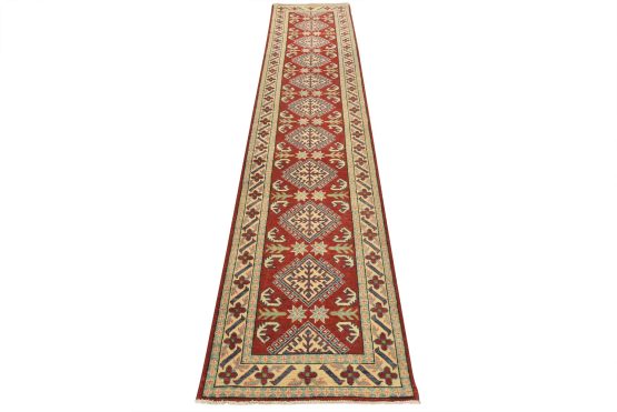 Kazak Runner 2'8'' x 11'10'' Red Wool Tribal Hand-Knotted Oriental Rug